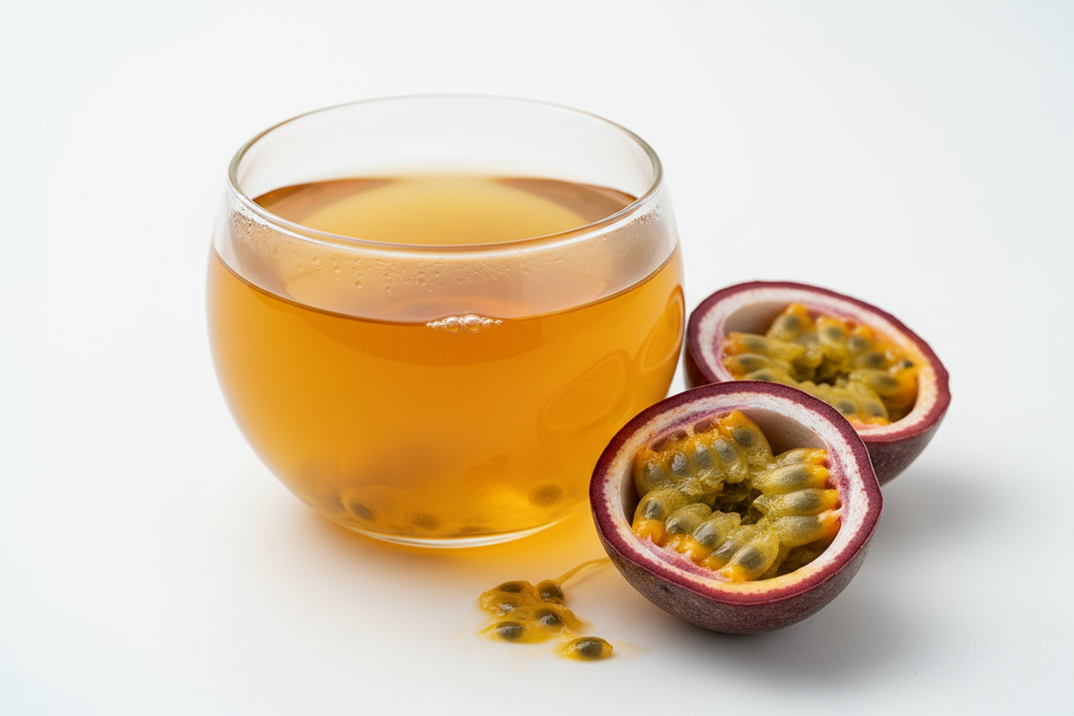 create a pic with a clear tea glass with passion fruit tea