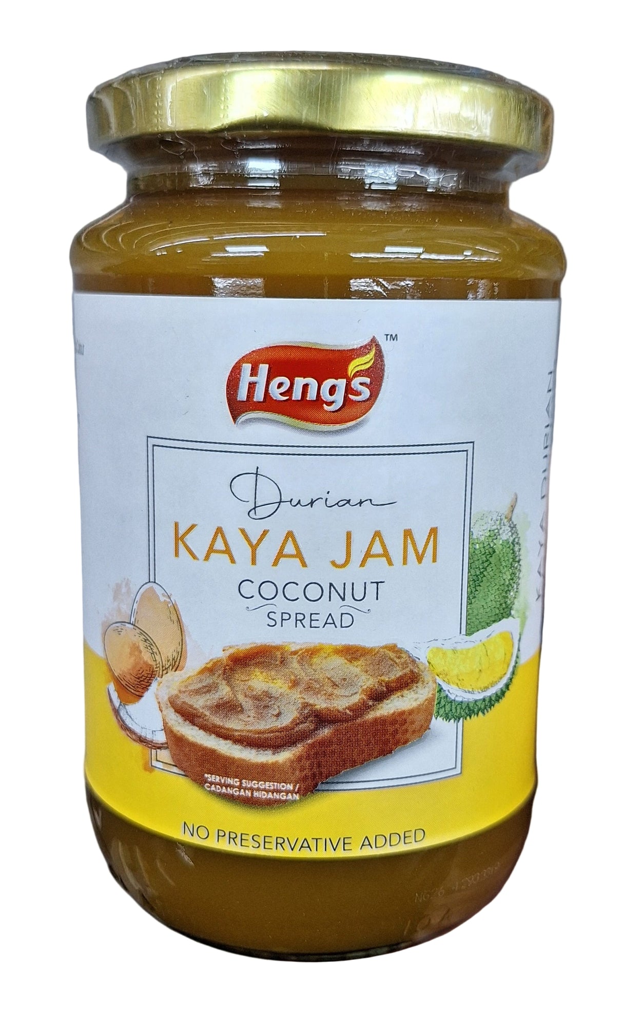Jar of Hengs Durian Kaya Jam coconut spread with a gold lid.