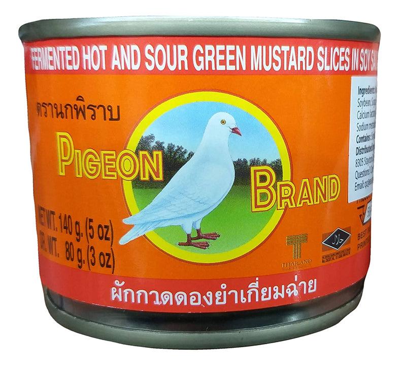 Pigeon Brand - Fermented Hot and Sour Green Mustard Slices in Soy Sauce, 5 Ounces, (1 Can) - Mighty Depot