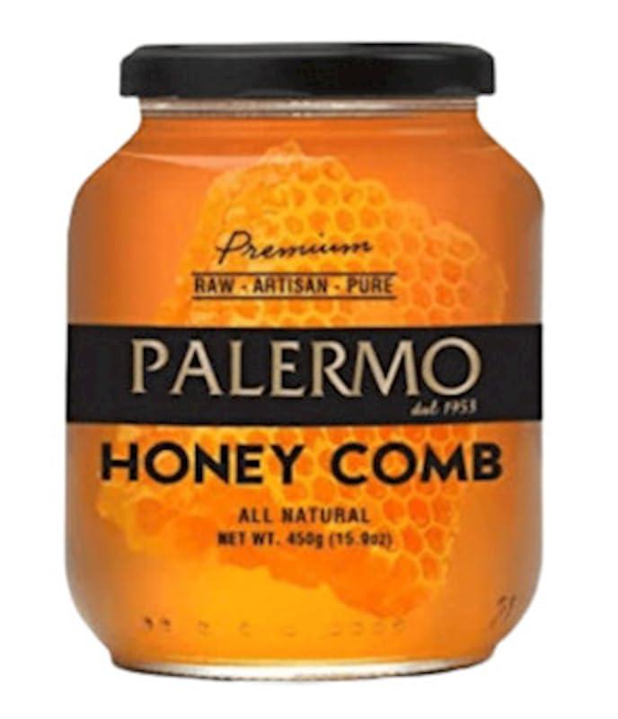 Palermo Premium Honey With Comb, 100% Edible, All Natural, Raw, Artisan, Pure HoneyComb 15.9 Glass Jar - Mighty Depot