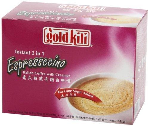 Gold Kili Instant 2 in 1 Espressccino Italian Coffee with Creamer (No Cane Sugar Added), 6.3 oz. (180g), 10 Sachets, 1 Box - Mighty Depot
