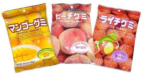 Japanese Fruit Gummy Tripak Sampler - Mango, White Peach, Litchi (Lychee) by Kasugai - Mighty Depot