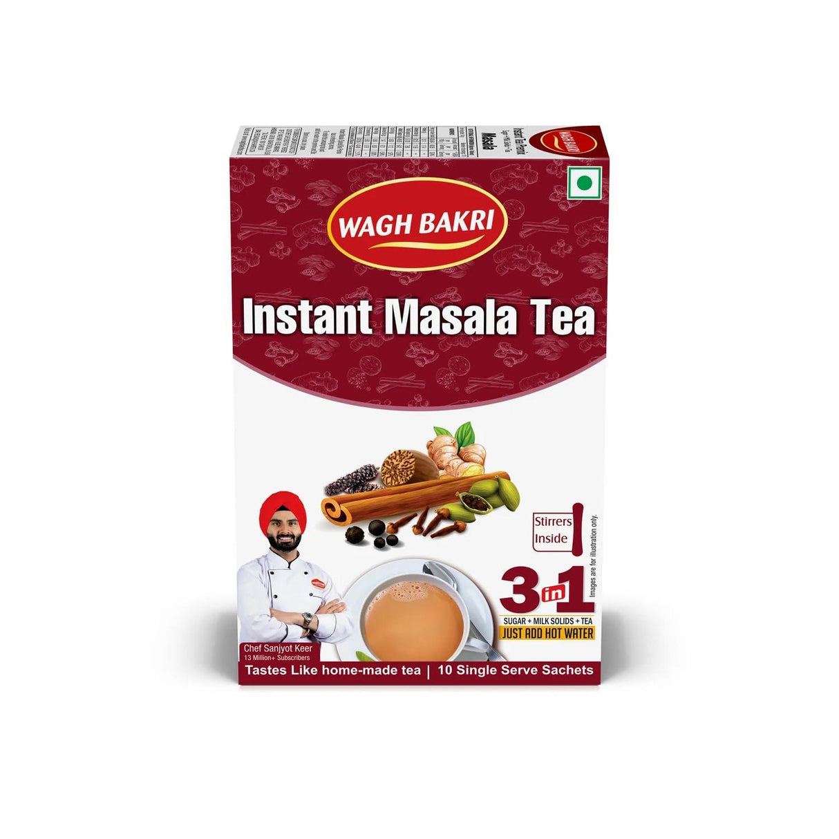 Wagh Bakri Instant Masala Tea | 3 in 1 Sugar+Milk Solids+ Tea | 10 Single Serve Sachets | 140g (4.93 Ounce) - Mighty Depot