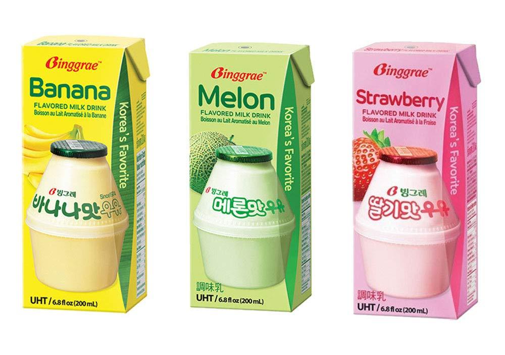 Biggrae Flavored Milk Series; Banana(6), Strawberry(6), Melon(6); 6.8 Fl oz; 18 Packs (Each Flavor 6 Packs) - Mighty Depot
