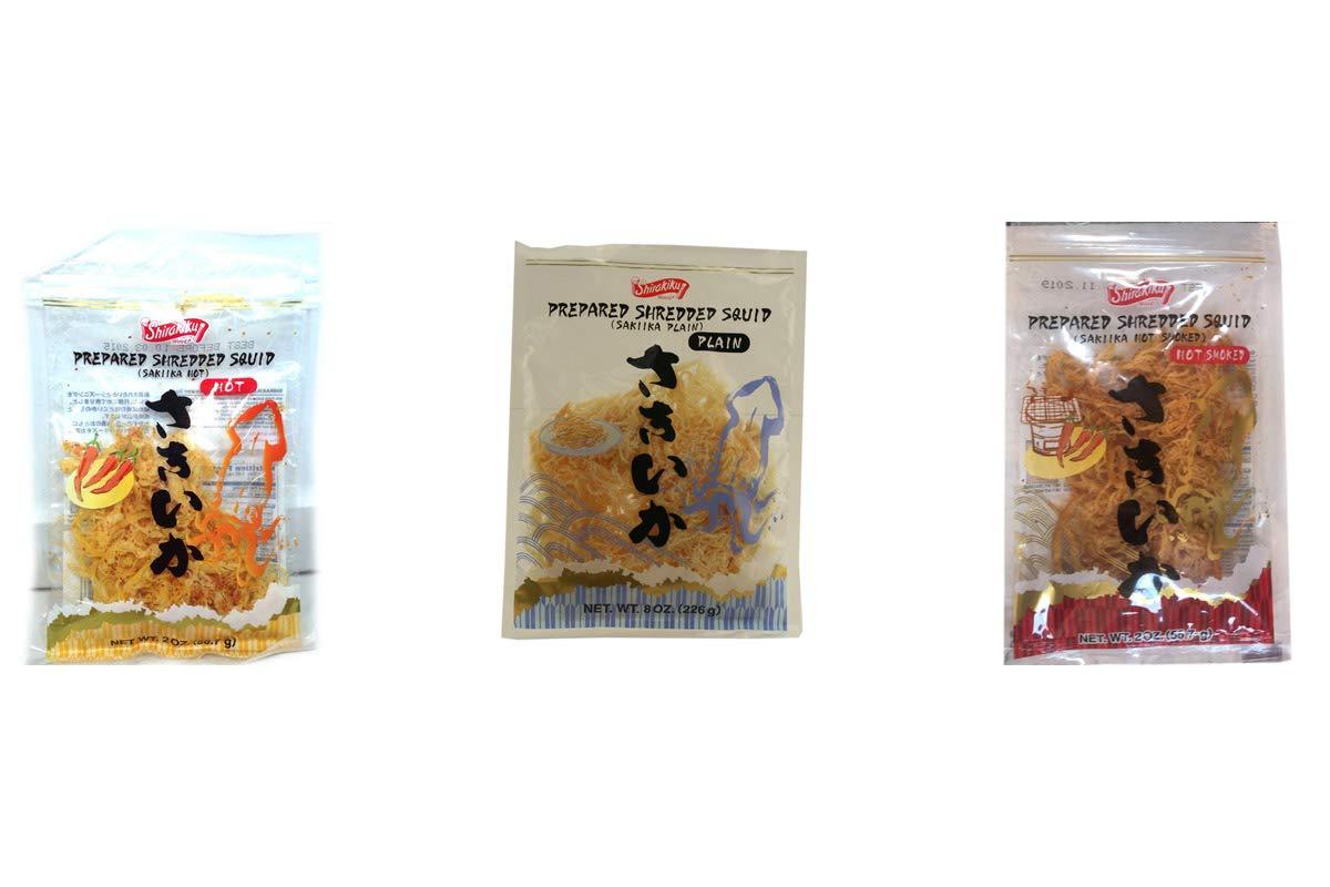 Combo Pack : 1 Sai ika Hot Smoked (Prepared Shredded Squid) 1 Saki Ika (Spicy Shredded Squid) 1 Saki ika Plain (Prepared Shredded Squid) - Mighty Depot