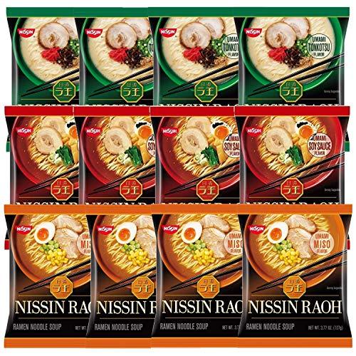 Nissin RAOH Ramen Variety Packs Noodle Soup, Tonkotsu, Soy Sauce, and Miso, Forks Included (Pack of 12) - Mighty Depot