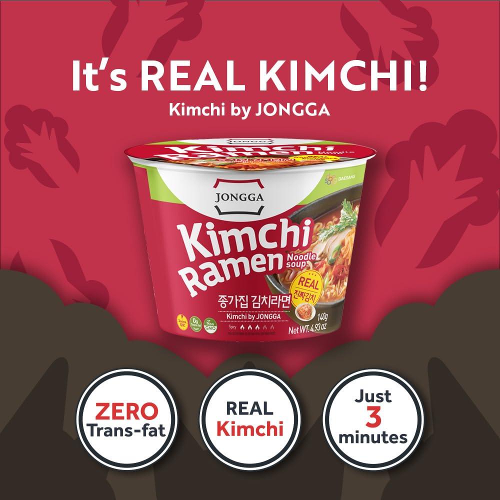 Jongga Korean Kimchi Ramen with Real Kimchi, Instant Spicy Cup Noodle Bowl Soup - Mighty Depot