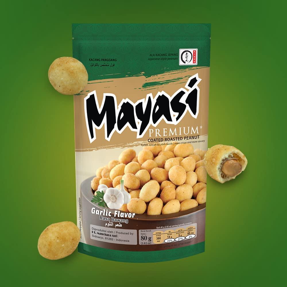 Mayasi Dry Roasted Peanuts, Heart Healthy Snacks for Adults, Japanese Style Peanuts, Great for Movie Night and Parties, Garlic Flavor, 2.82 oz 1 PK - Mighty Depot