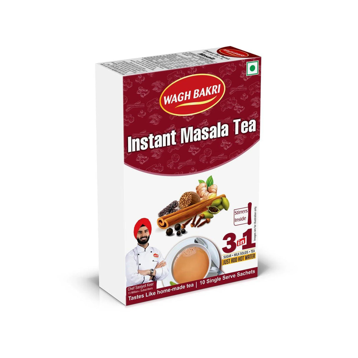 Wagh Bakri Instant Masala Tea | 3 in 1 Sugar+Milk Solids+ Tea | 10 Single Serve Sachets | 140g (4.93 Ounce) - Mighty Depot