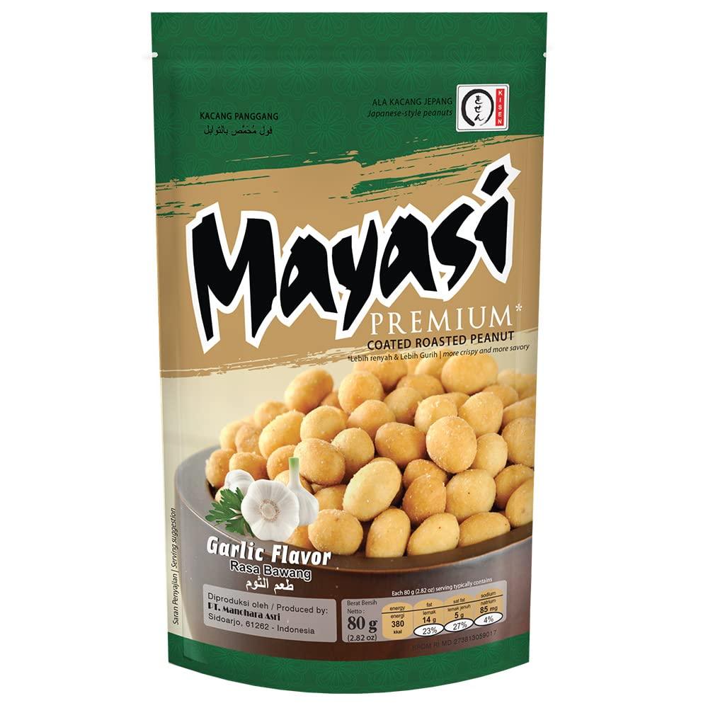 Mayasi Dry Roasted Peanuts, Heart Healthy Snacks for Adults, Japanese Style Peanuts, Great for Movie Night and Parties, Garlic Flavor, 2.82 oz 1 PK - Mighty Depot