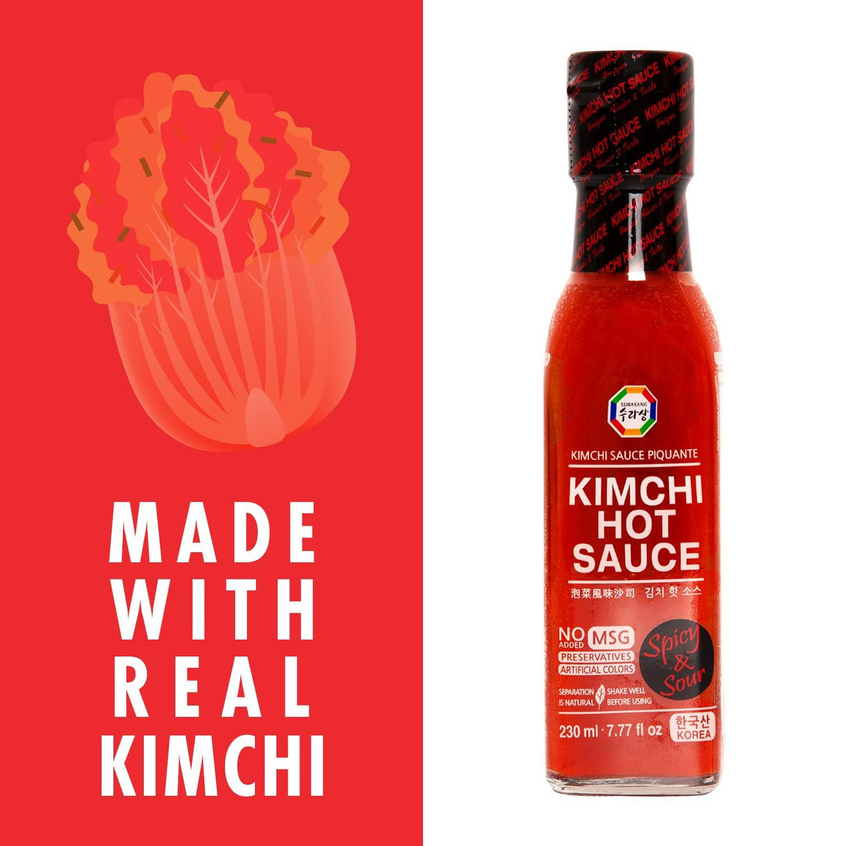 Surasang Kimchi Hot Sauce, Made with real Kimchi and Gochugaru, Bright and Spicy Piquant Flavor, Preservative Free, Multipurpose Great for Pizza and Taco, Gift Idea for Hot Sauce Enthusiast, 7.77 Fl Oz - Mighty Depot