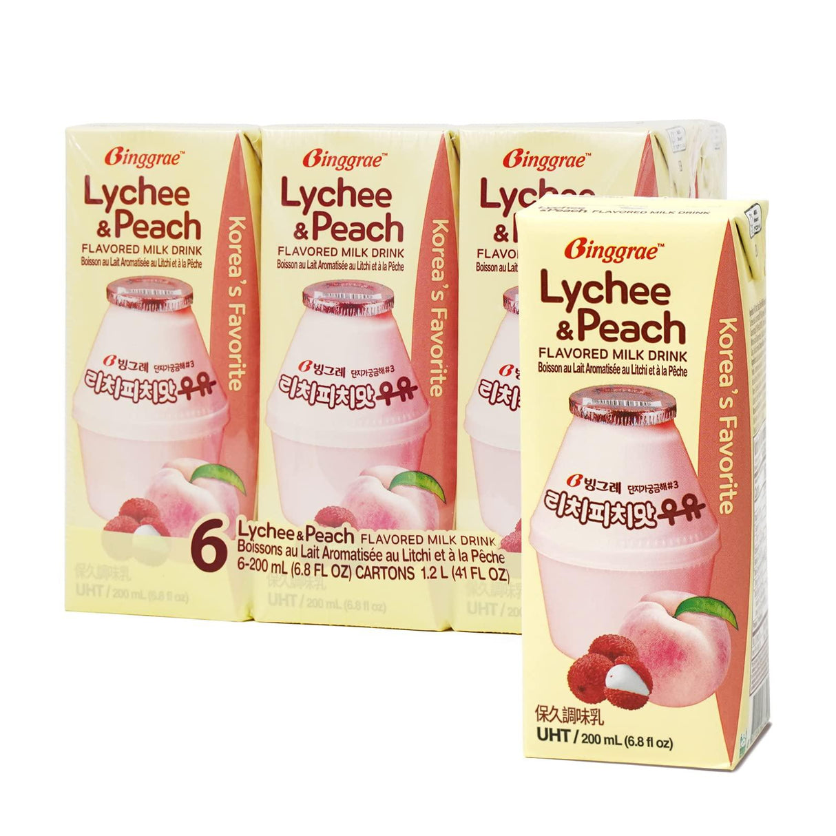 Binggrae Lychee & Peach Flavored Milk Drink 200ml 6-pack Net 41 Fl Oz - Mighty Depot