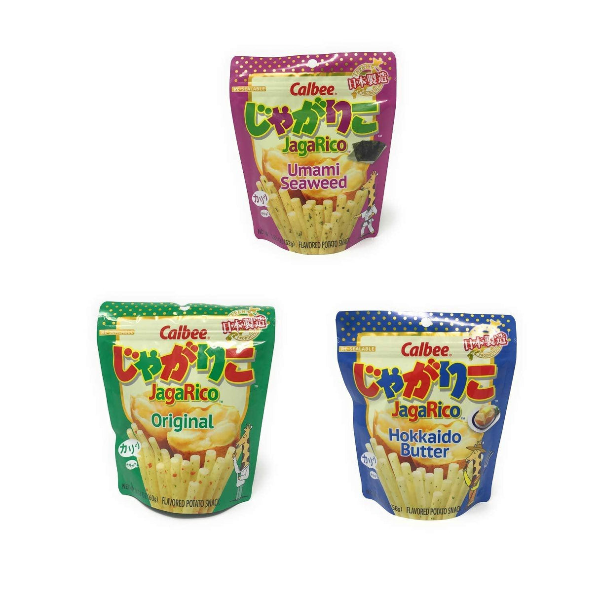 Calbee Jagarico Potato Sticks: Umami Seaweed, Hokkaido Butter and Original, 1 Pack of each flavor, 3 Packs total. - Mighty Depot