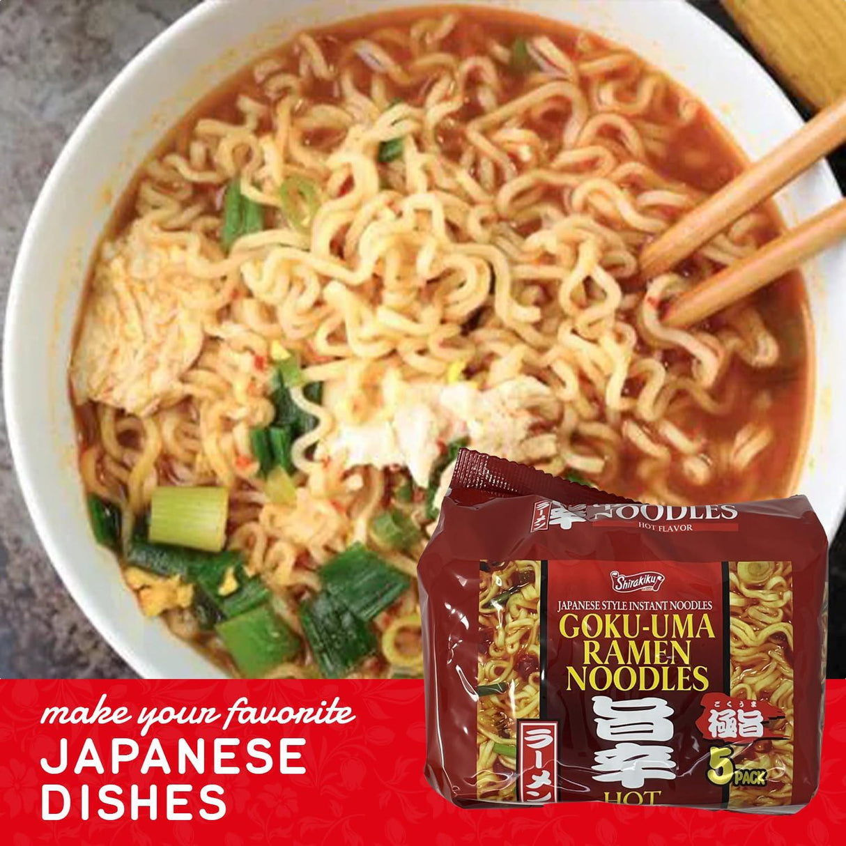SHIRAKIKU Goku-Uma Ramen Noodles | Japanese Style Hot Flavour Instant Noodles | Wheat, Soybean | Low Carb Easy to Cook Asian Noodles - Pack of 5 - ( 1.05 lbs) - Mighty Depot