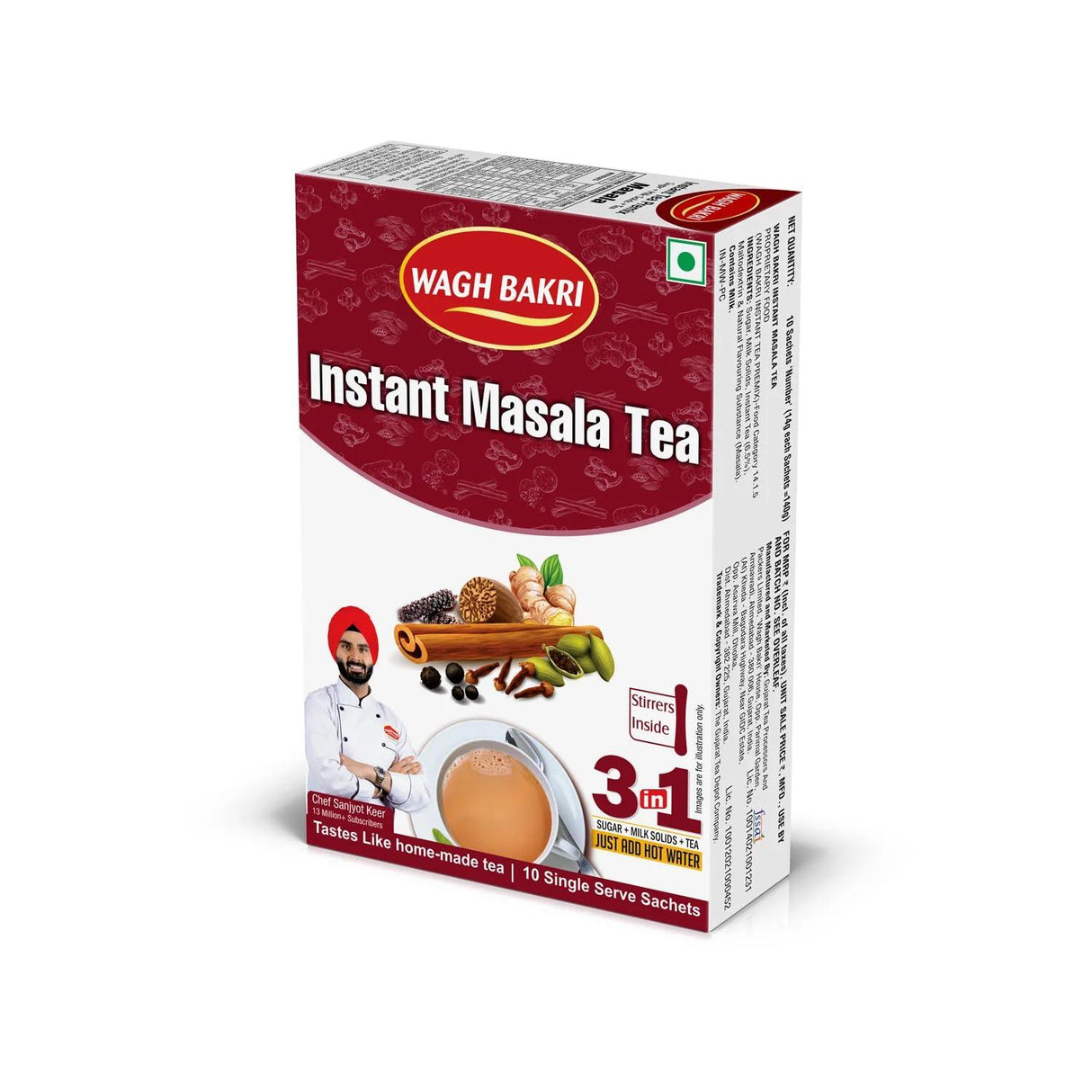 Wagh Bakri Instant Masala Tea | 3 in 1 Sugar+Milk Solids+ Tea | 10 Single Serve Sachets | 140g (4.93 Ounce) - Mighty Depot