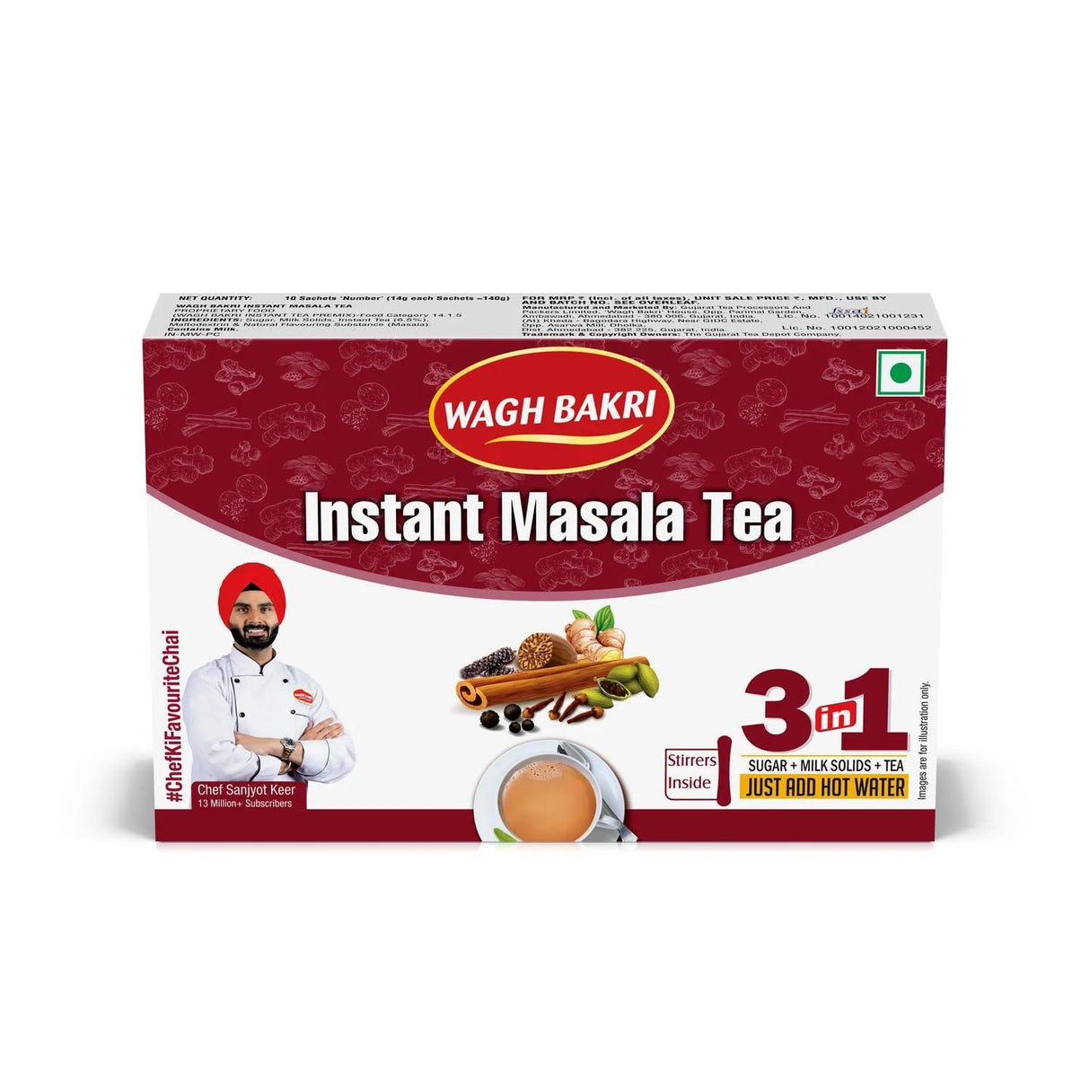 Wagh Bakri Instant Masala Tea | 3 in 1 Sugar+Milk Solids+ Tea | 10 Single Serve Sachets | 140g (4.93 Ounce) - Mighty Depot