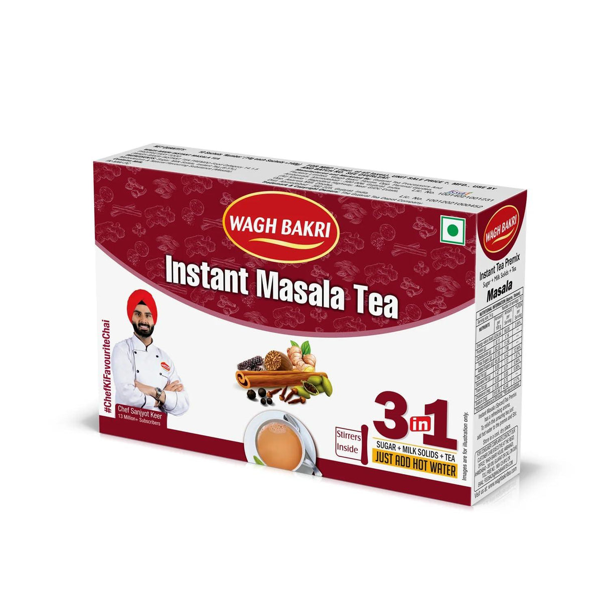 Wagh Bakri Instant Masala Tea | 3 in 1 Sugar+Milk Solids+ Tea | 10 Single Serve Sachets | 140g (4.93 Ounce) - Mighty Depot