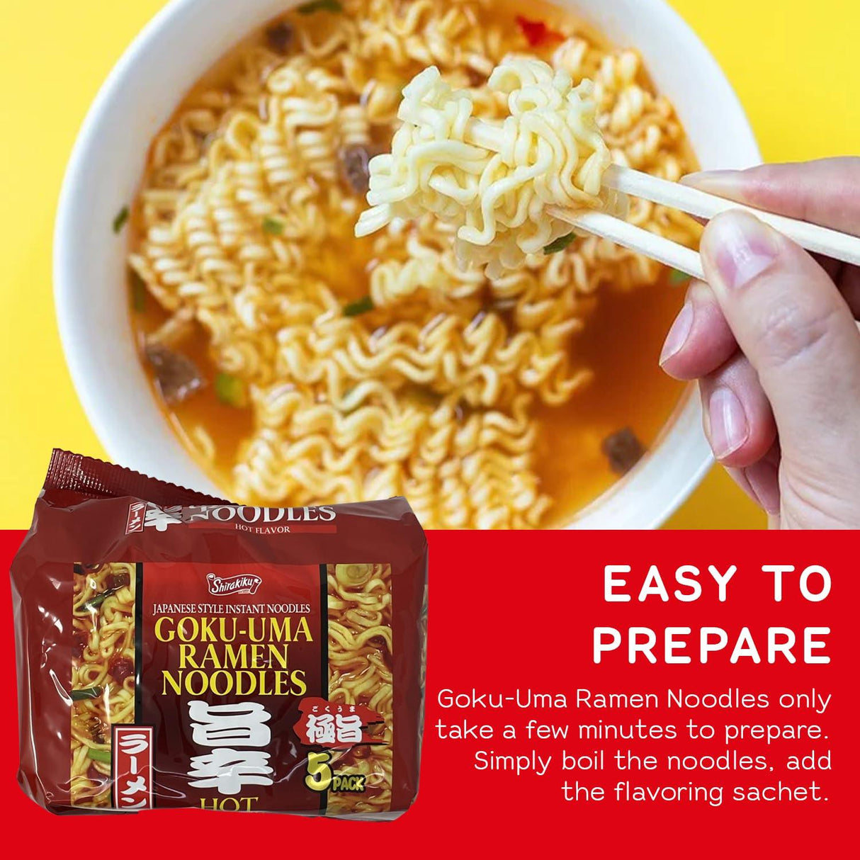 SHIRAKIKU Goku-Uma Ramen Noodles | Japanese Style Hot Flavour Instant Noodles | Wheat, Soybean | Low Carb Easy to Cook Asian Noodles - Pack of 5 - ( 1.05 lbs) - Mighty Depot