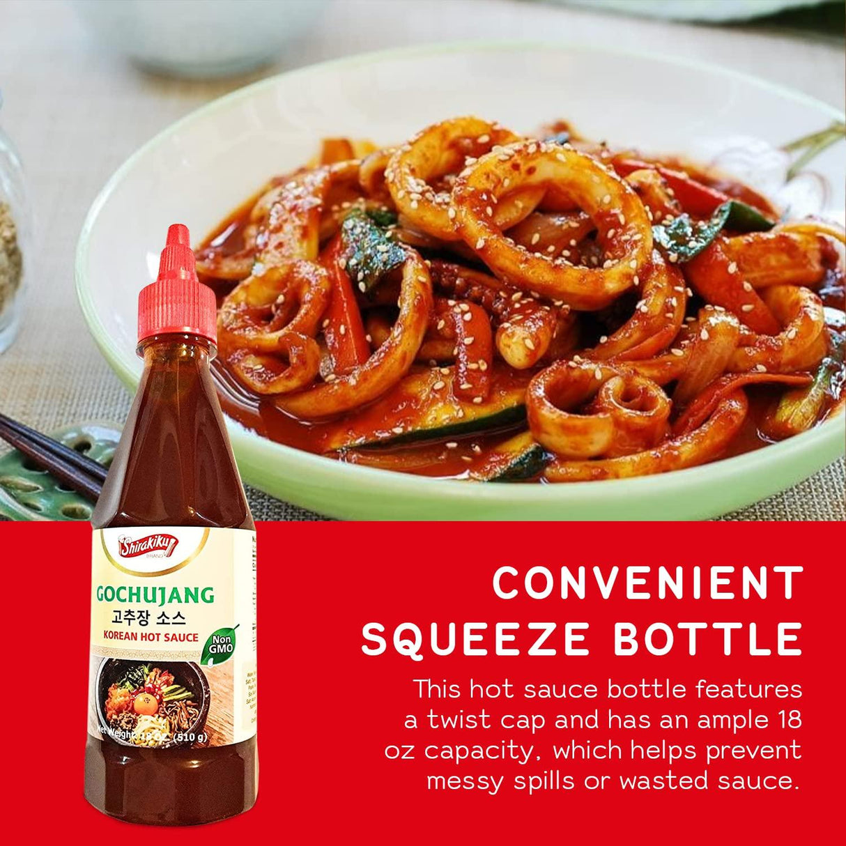 Shirakiku Gochujang Hot Sauce | Korean Non-GMO With Soybean, Tapioca Syrup Base and Salt | Perfect for Authentic Asian Cuisine | Convenient Squeezable Bottle with Twist Cap 18 oz - Mighty Depot