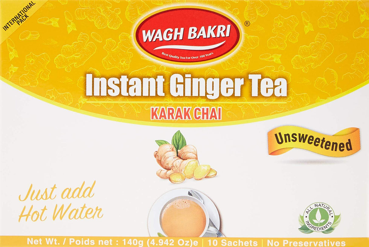 Wagh Bakri Instant Ginger Tea | Unsweetened No Added Sugar | 140g 10 Sachets (4.94 Oz) - Mighty Depot