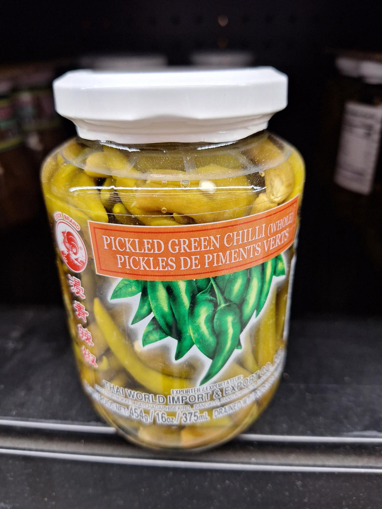 Cock Pickled Chili in Vinegar Bottle, Green, 16 Ounce - Mighty Depot