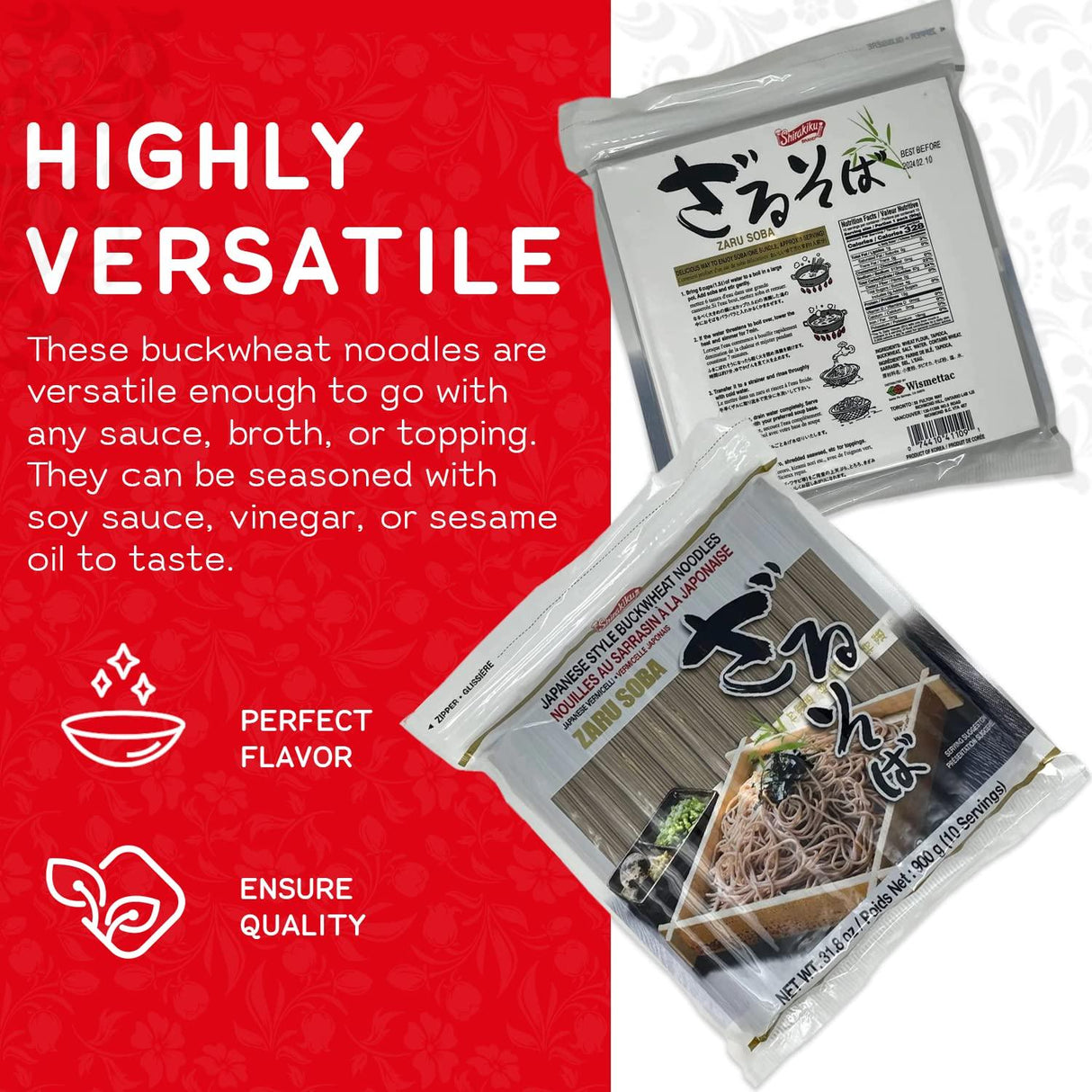 Shirakiku Zaru Soba Noodles | Japanese Style Dried Buckwheat Flavor Instant Noodles | Contains Wheat Flour | Low in Calories Easy to cook Soba Noodles 900g/31.8oz (10 Servings) - Mighty Depot
