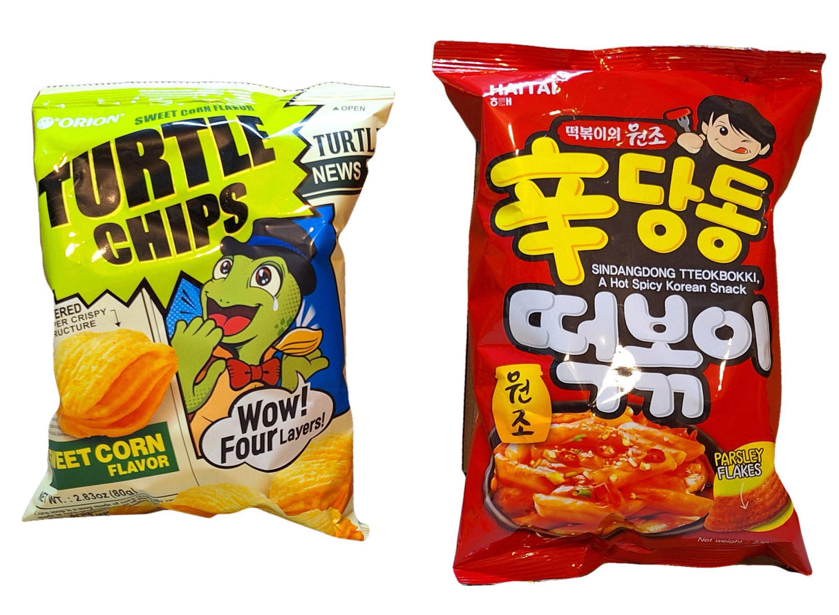 Orion Turtle Chips 2.83 oz & Sindangdong Tteokbokki 8.11 oz COMBO PACK (1 bag of each) (2 Bags Total) - Mighty Depot