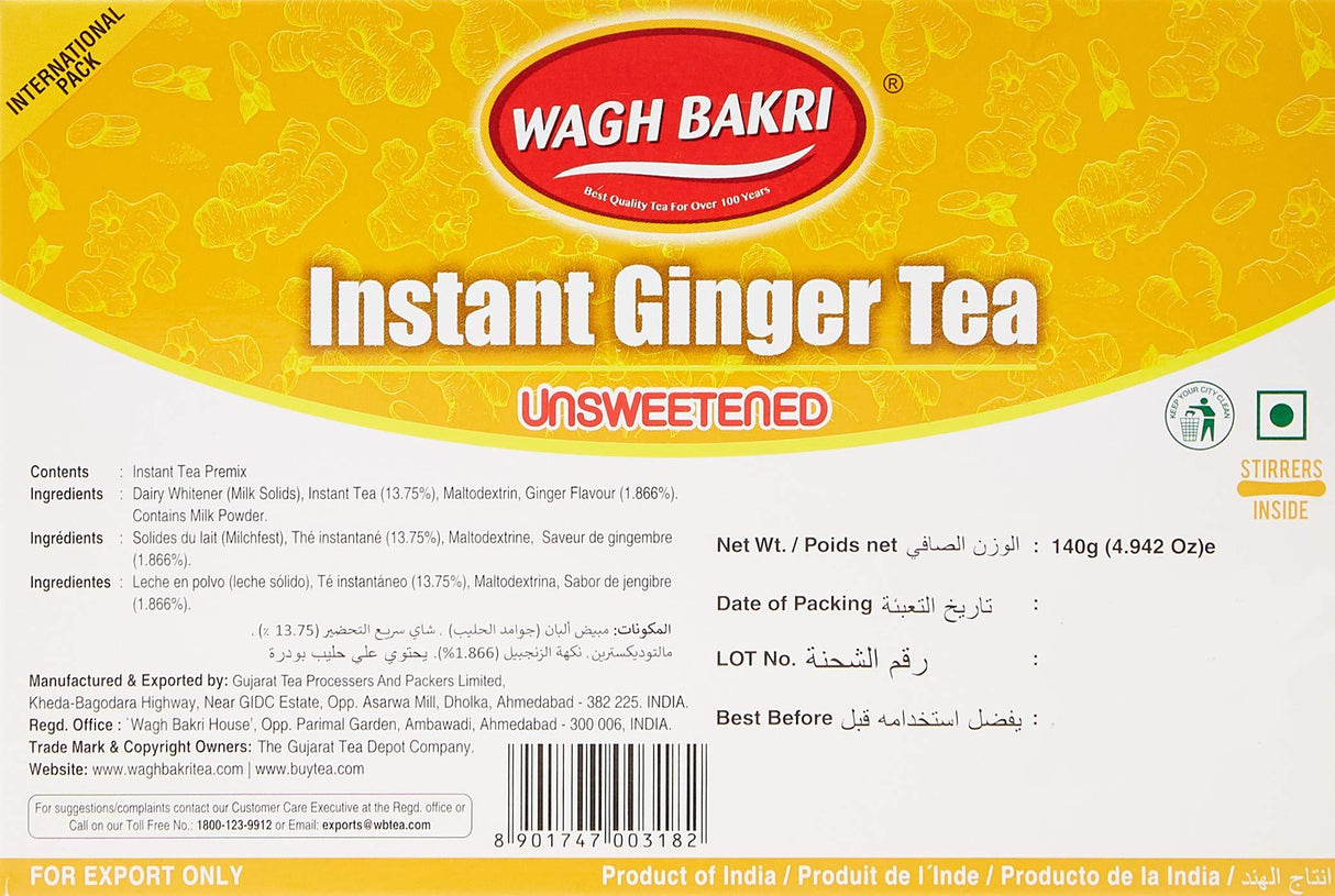 Wagh Bakri Instant Ginger Tea | Unsweetened No Added Sugar | 140g 10 Sachets (4.94 Oz) - Mighty Depot