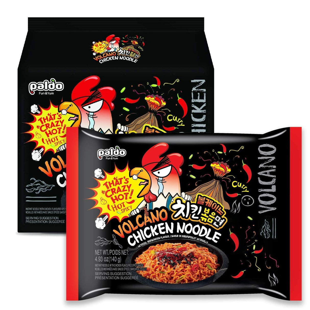 PALDO FUN & YUM Volcano Hot & Spicy Chicken Flavored Instant Ramen, 4.93 Ounce (Pack of 4) - Mighty Depot