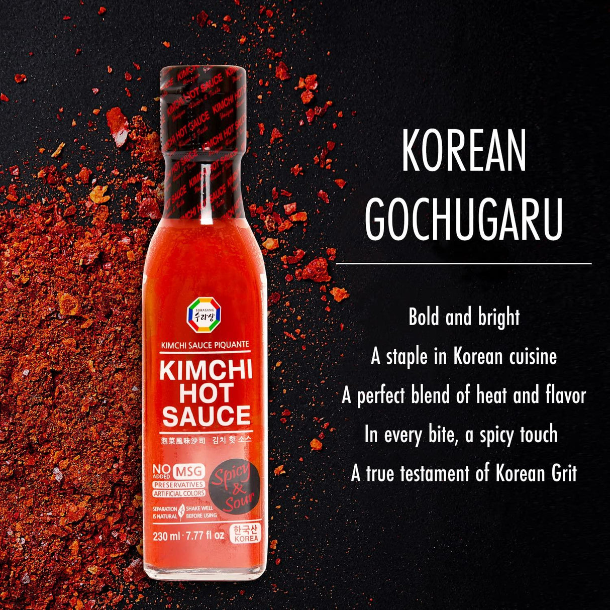 Surasang Kimchi Hot Sauce, Made with real Kimchi and Gochugaru, Bright and Spicy Piquant Flavor, Preservative Free, Multipurpose Great for Pizza and Taco, Gift Idea for Hot Sauce Enthusiast, 7.77 Fl Oz - Mighty Depot