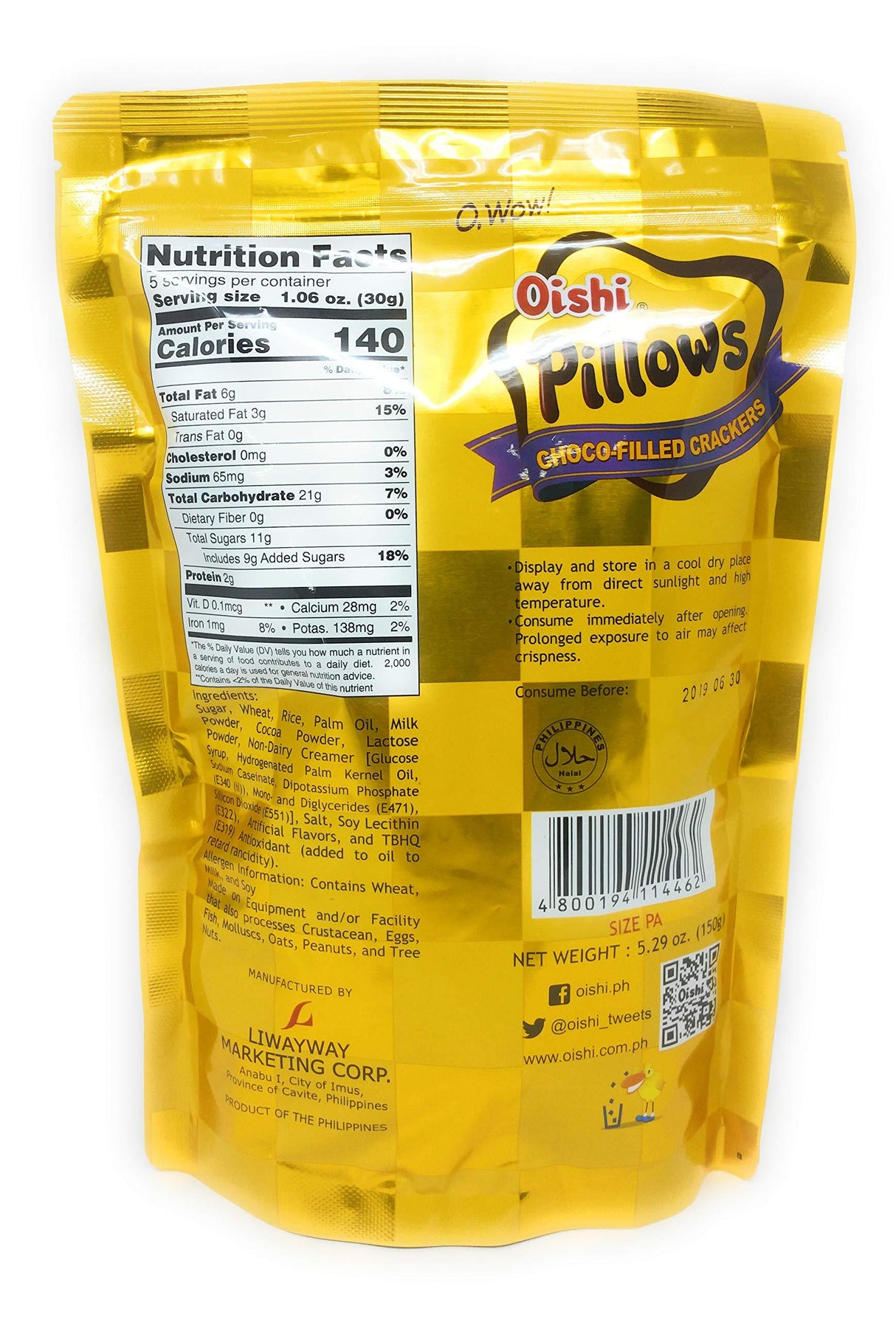 Oishi - Pillows, Choco-filled Crackers, 5.29oz (150g) - Mighty Depot