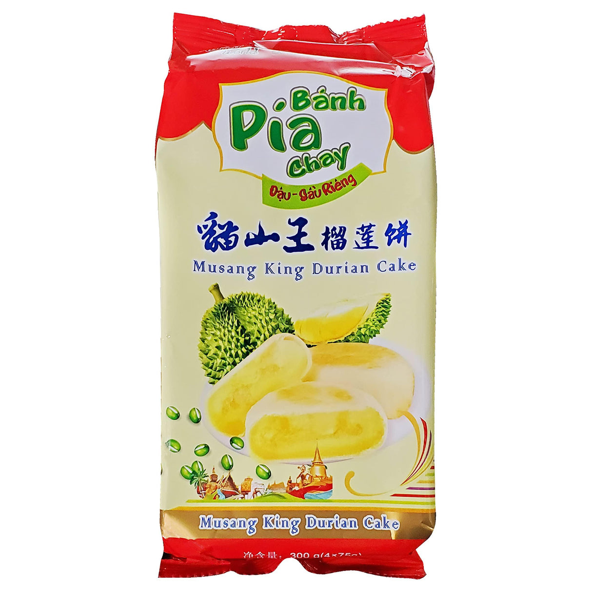 Banh Pia Chay Musang King Durian & Taro 4 Individually Wrapped Cake Snacks 2 Pack - Mighty Depot