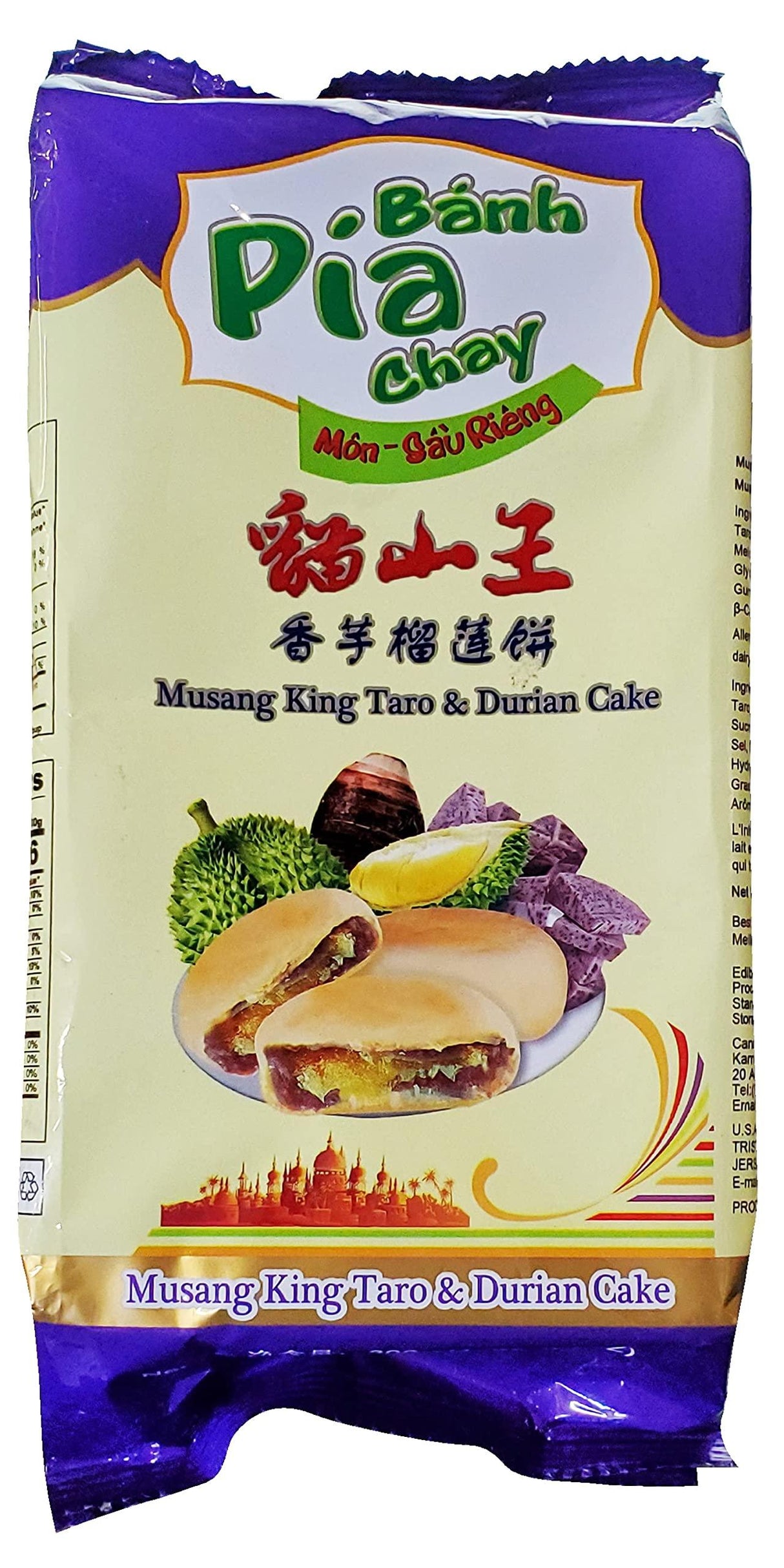Banh Pia Chay Musang King Durian & Taro 4 Individually Wrapped Cake Snacks 2 Pack - Mighty Depot