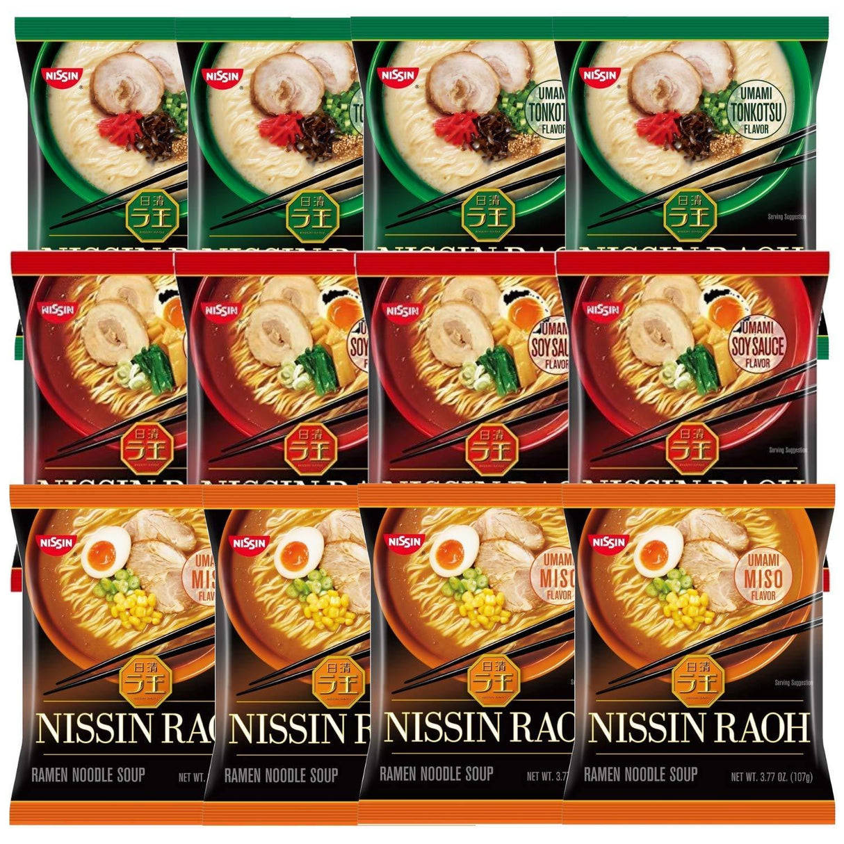 Nissin RAOH Ramen Variety Packs Noodle Soup, Tonkotsu, Soy Sauce, and Miso, Forks Included (Pack of 12) - Mighty Depot
