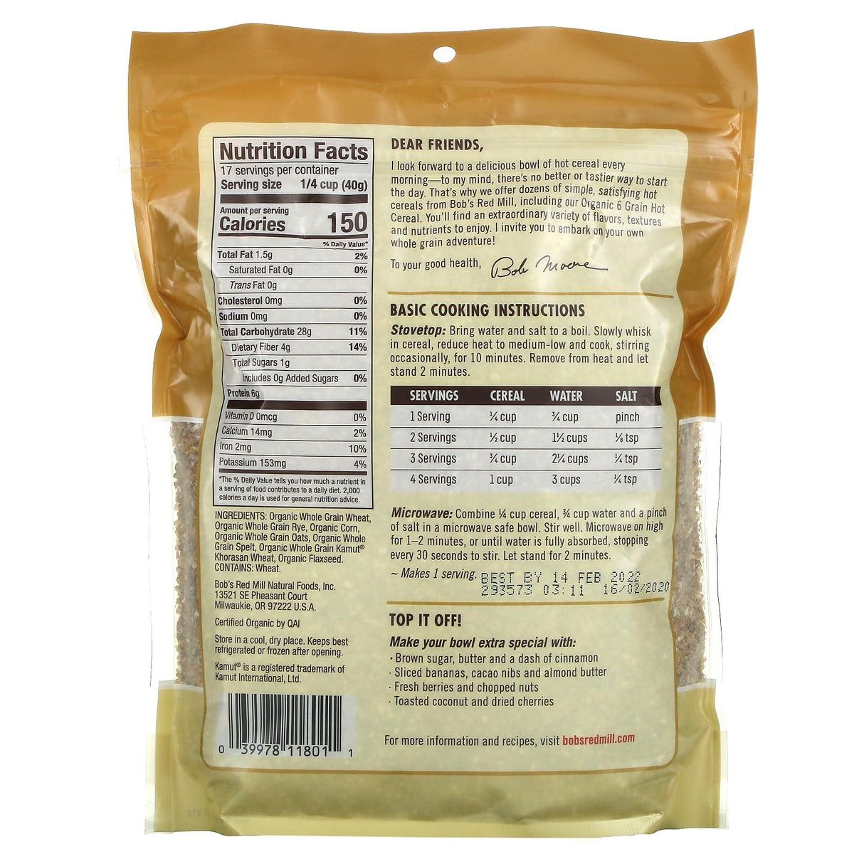 Bob's Red Mill Organic 6 Grain Hot Cereal With Flaxseed - Mighty Depot