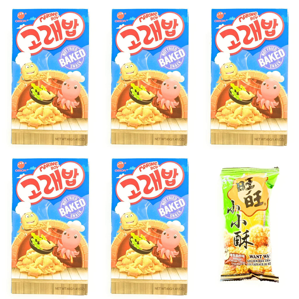 5 Pack Orion Marine Boy Baked Snack(Seaweed Taste)1.41 Oz Each And 1 Want Want Artificial Chicken Flavor Golden Rice Crackers 0.71 Oz - Mighty Depot