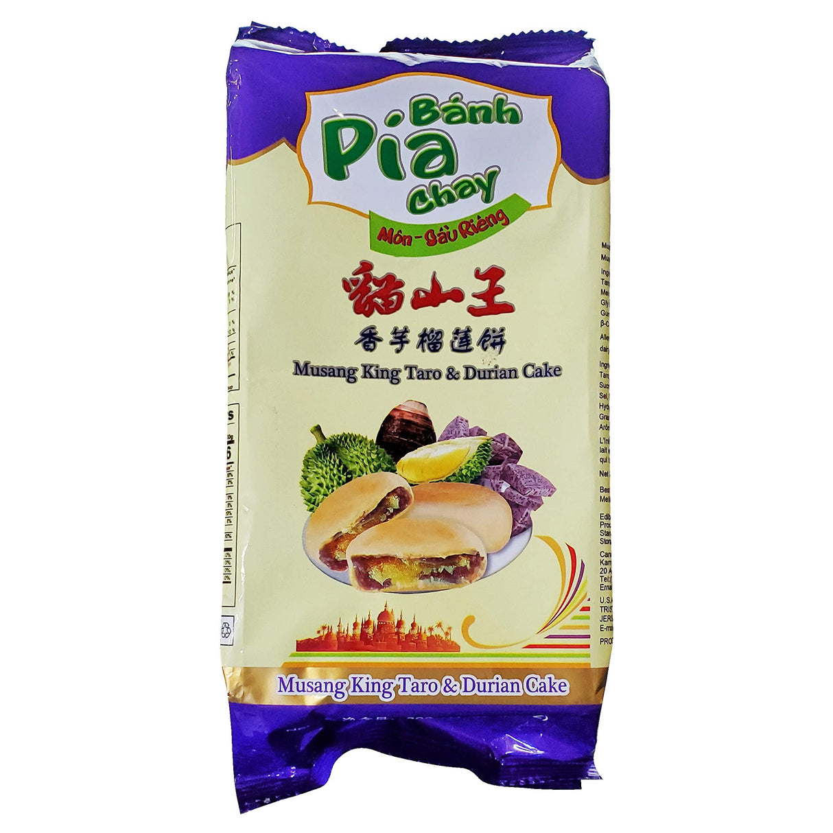 Banh Pia Chay Musang King Durian & Taro 4 Individually Wrapped Cake Snacks 2 Pack - Mighty Depot