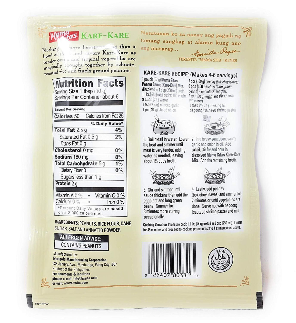 Mama Sita's Spice Mixes, Cooking Sauces, Soup Bases, & Stew Mixes (Kare Kare Peanut Sauce Mix, 24 Pack of 57g) - Mighty Depot