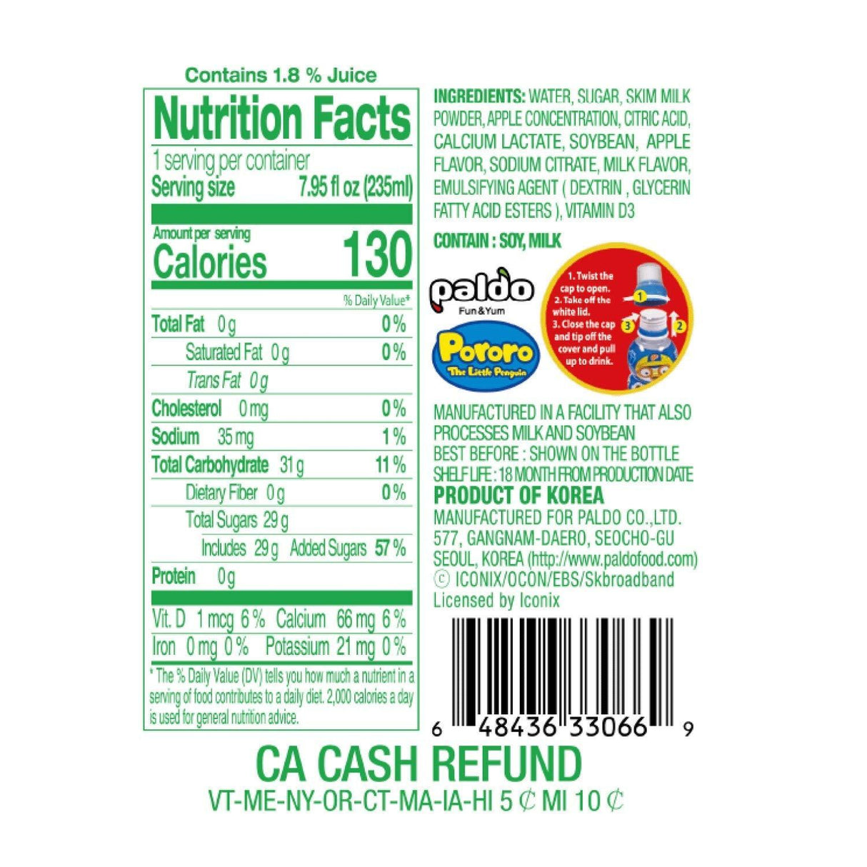 Paldo Fun & Yum Pororo Kids Flavor Drink, Pack of 8, Fruit Juice Drinks with Comfortable Push-Pull Sports Cap, Perfect Drink for Children 7.95 fl oz. x 8 - Mighty Depot