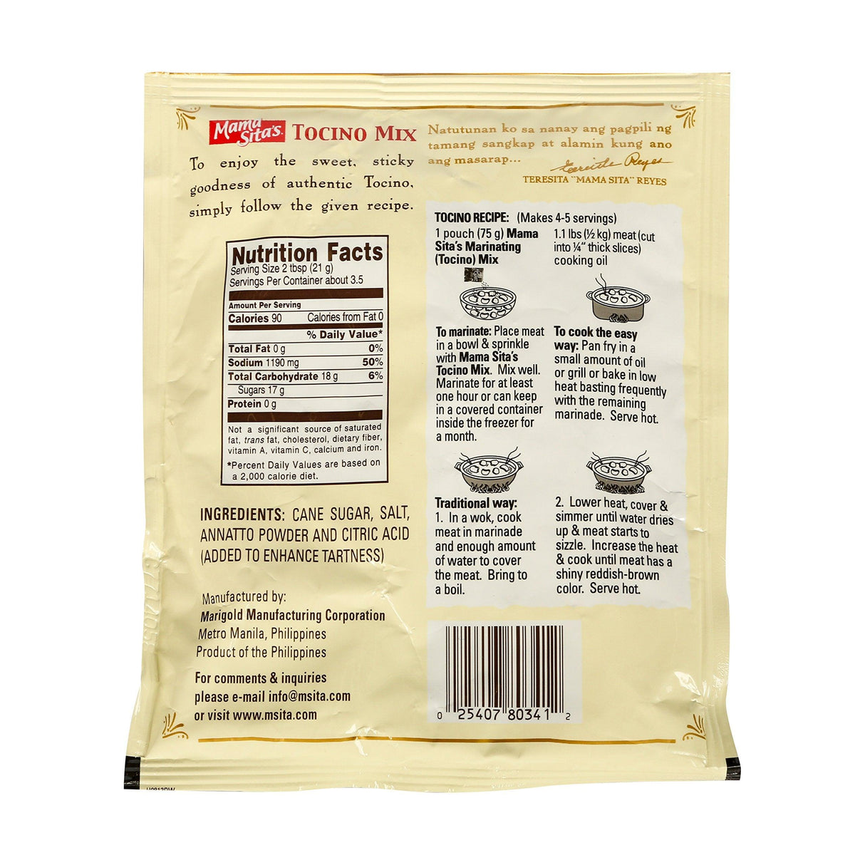 Mama Sita's Tocino Pork Marinade Mix, 2.26 Ounces - Mighty Depot