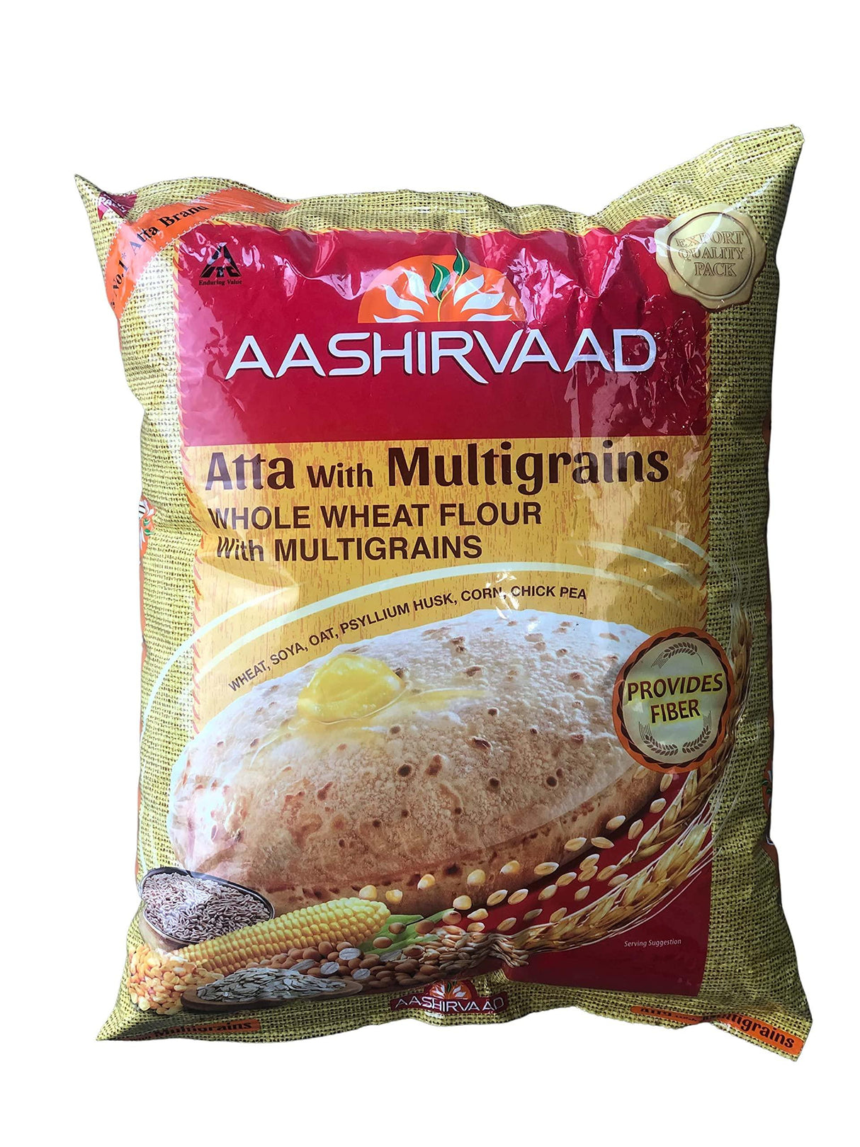 Aashirvaad Atta with Multigrains, Whole Wheat Flour with Multigrains, Wheat, Soya, Chick Pea, Maize, Psyllium Husk, Enduring Value, Product of India (4lb) - Mighty Depot