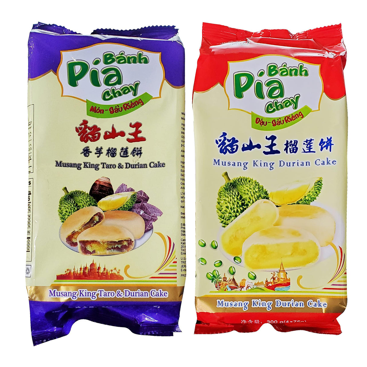 Banh Pia Chay Musang King Durian & Taro 4 Individually Wrapped Cake Snacks 2 Pack - Mighty Depot