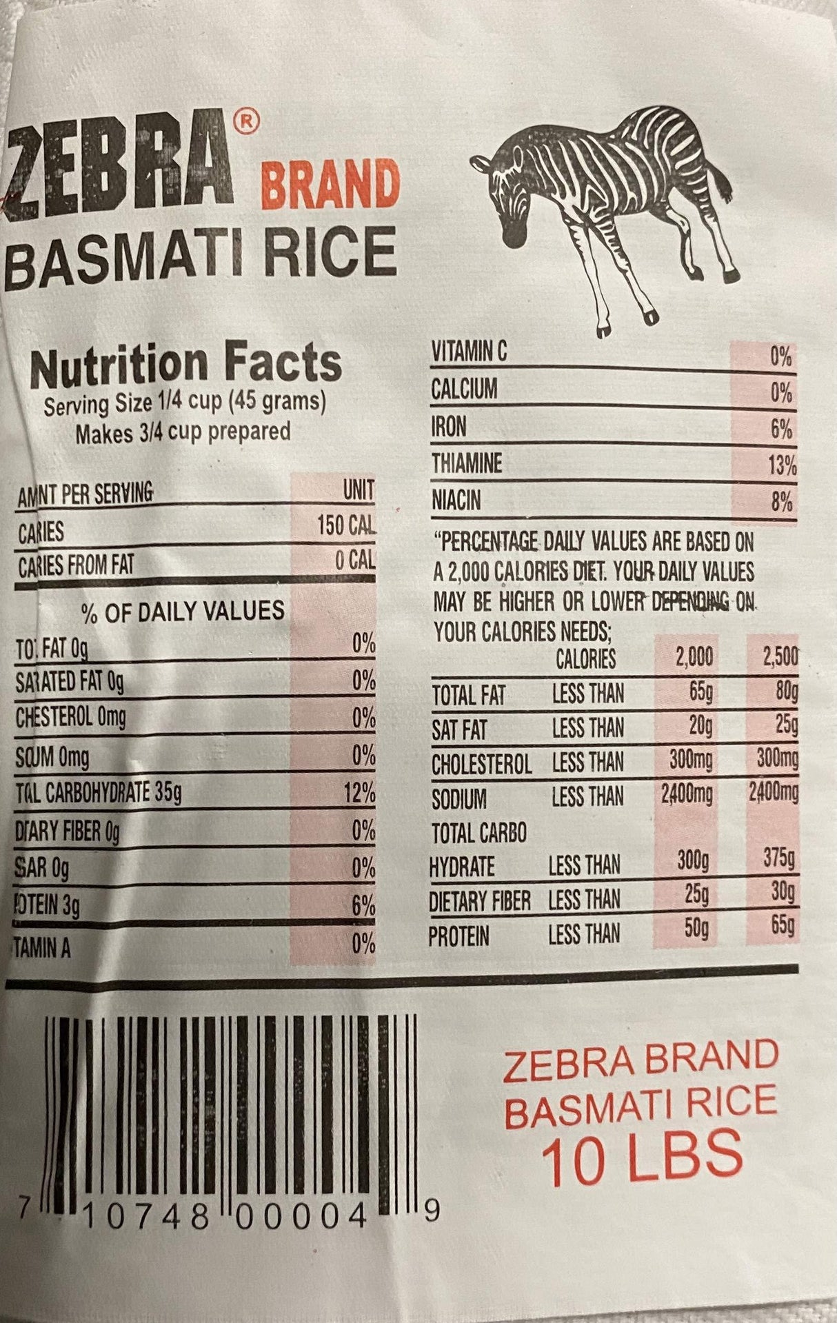 Naturally Aromatic Zebra Basmati Rice Extra Long Kernel 10 Lb Bag - NET WT 10 lbs - Mighty Depot