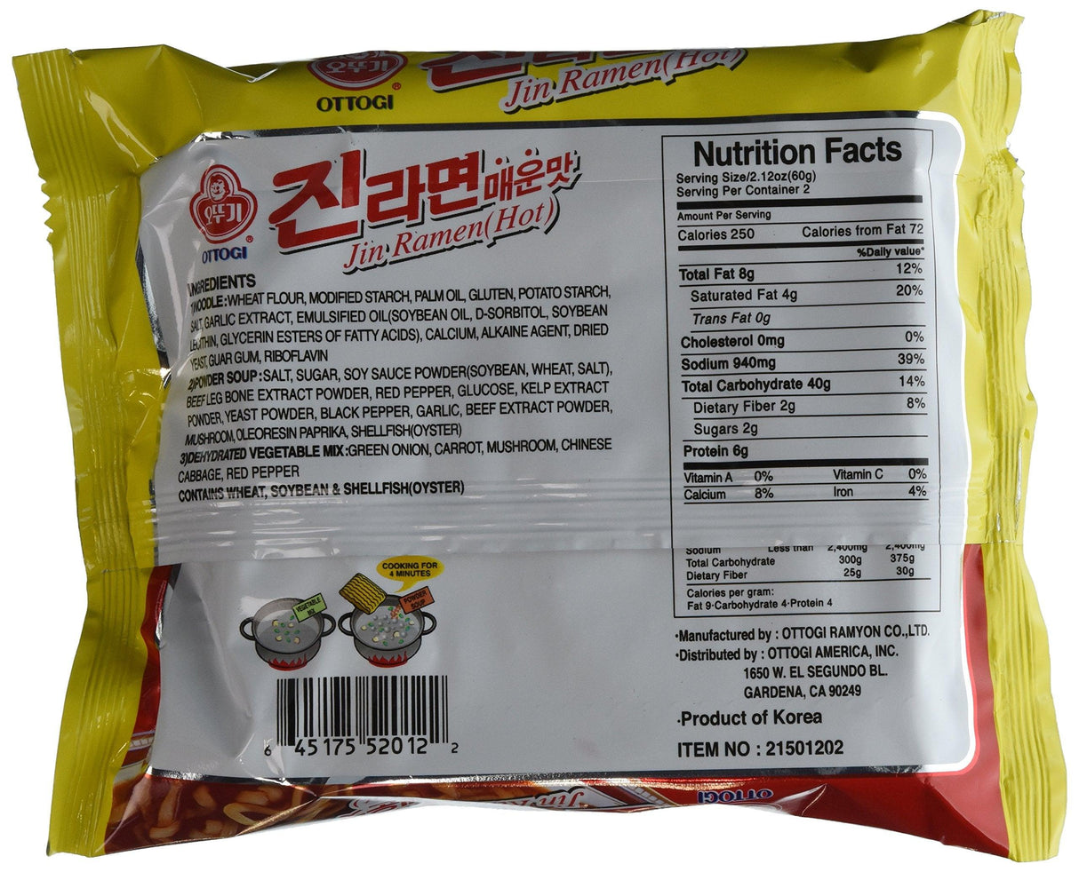 Ottogi Hot Jin Ramen Noodles, 4.23 Ounce (Pack of 20) - Mighty Depot