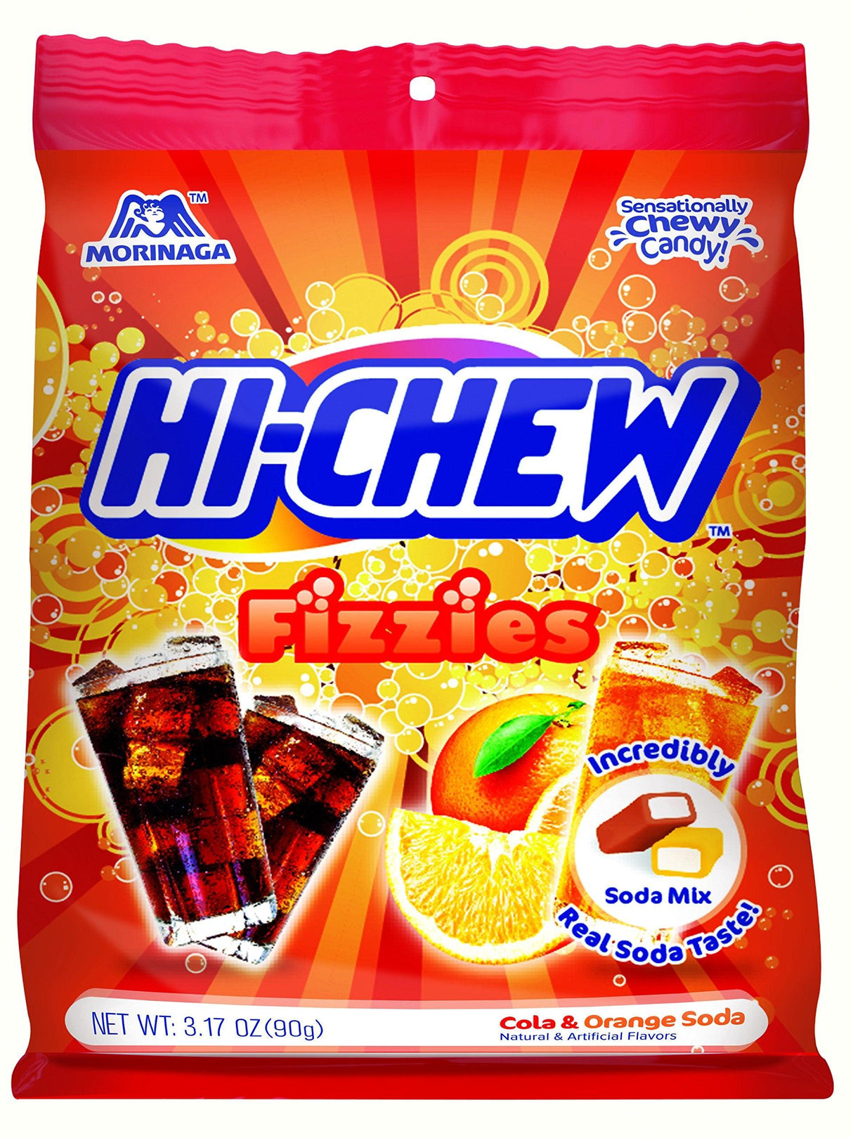 Hi Chew Fizzies Cola and Orange Soda Mix Chewy Candy - Display, 3.17 Ounce Peg Bag -- 6 per case. - Mighty Depot