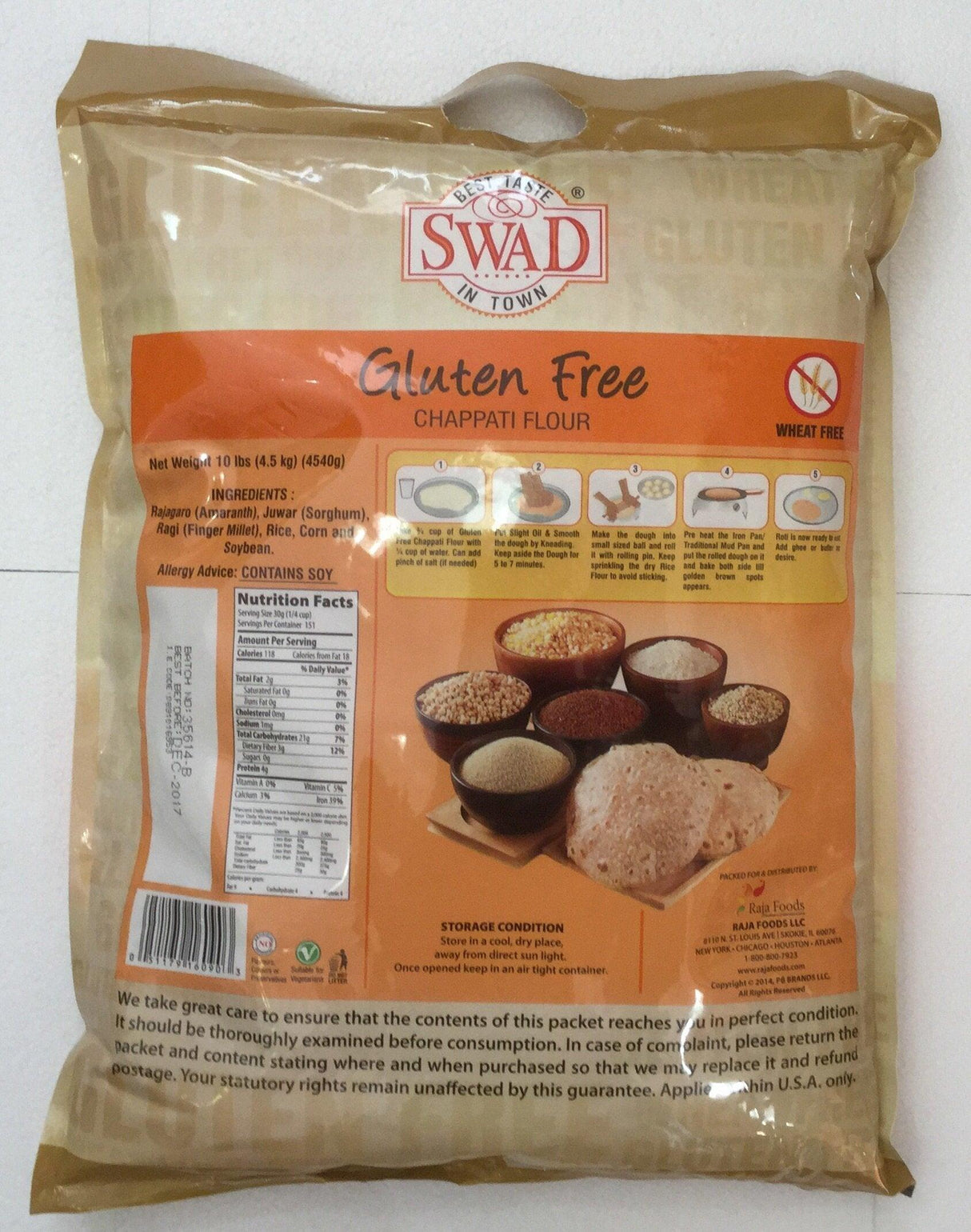Swad Gluten Free, Wheat Free Multi-Grain Flour - 10lb., 4.5kg, Light Brown - Mighty Depot