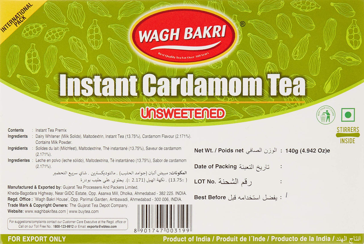 Wagh Bakri | Instant Masala Tea | Unsweetened No Added Sugar | 140g 10 Sachets x14g (4.93 Oz) - Mighty Depot