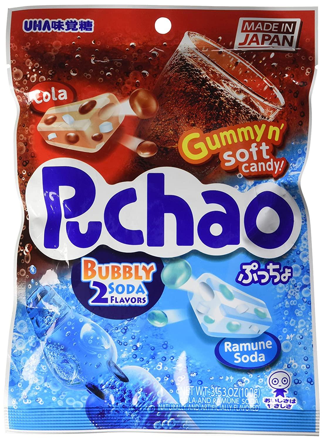 UHA Mikakuto Puchao Soft Candy with Gummy Bits, Cola and Ramune Soda Flavors, 3.53 oz - Mighty Depot