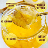 Jar of golden citron instant drink with a spoon, surrounded by text highlighting features.