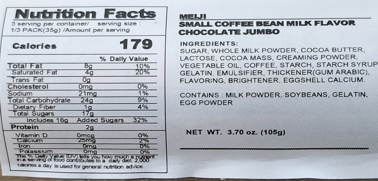Meiji coffee beat nutritional facts label